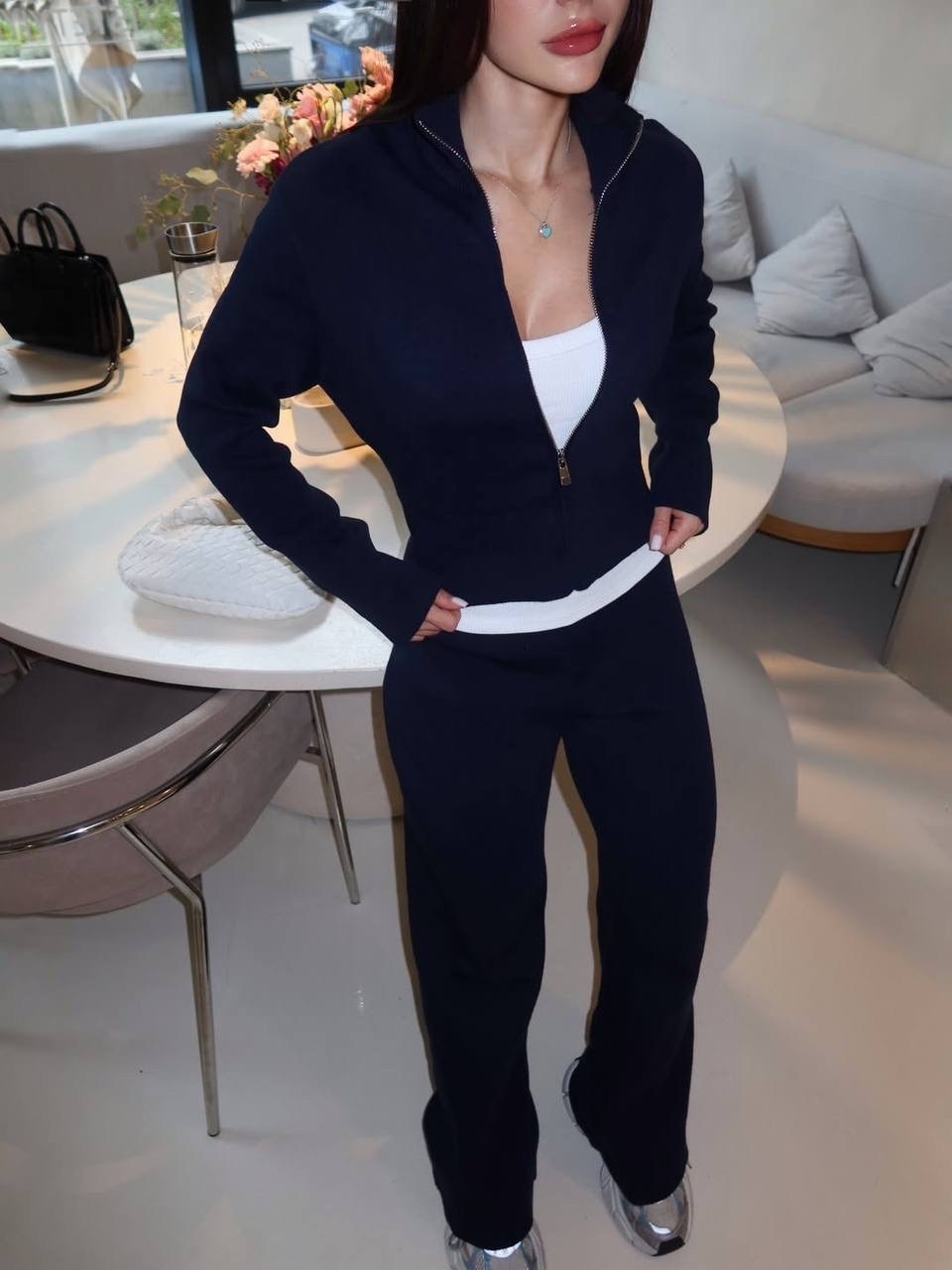 стильные костюмы,костюм женский,костюм повседневный,костюм брючный женский,синий трикотажный костюм