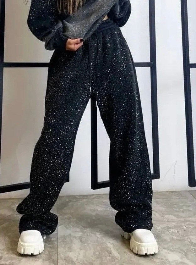 штаны широкие брюки багги джоггеры со стразами moylove цвет черный,штаны широкие брюки багги джоггеры со стразами moylove 338893363,женский костюм,спортивный костюм со стразами,брюки с пайетками