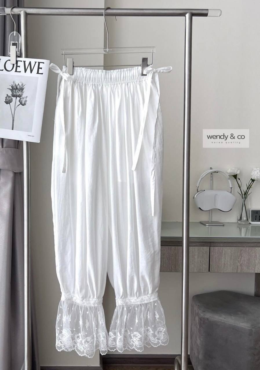 хлопковые штаны кружевные,брюки с кружевом,брюки с рюшами,кружевные брюки,кружевные белые брюки mori girl с эластичной резинкой на талии