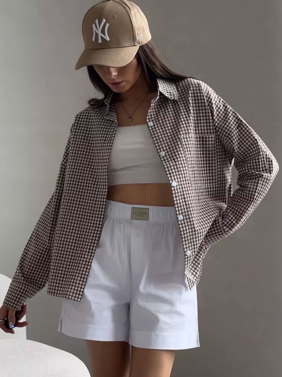 хлопковая рубашка в клетку cosmo brand,рубашка оверсайз летняя в клетку betrendy wear,хлопковая рубашка в клетку,рубашка женская в клетку оверсайз,рубашка оверсайз в клетку удлиненная fed.store