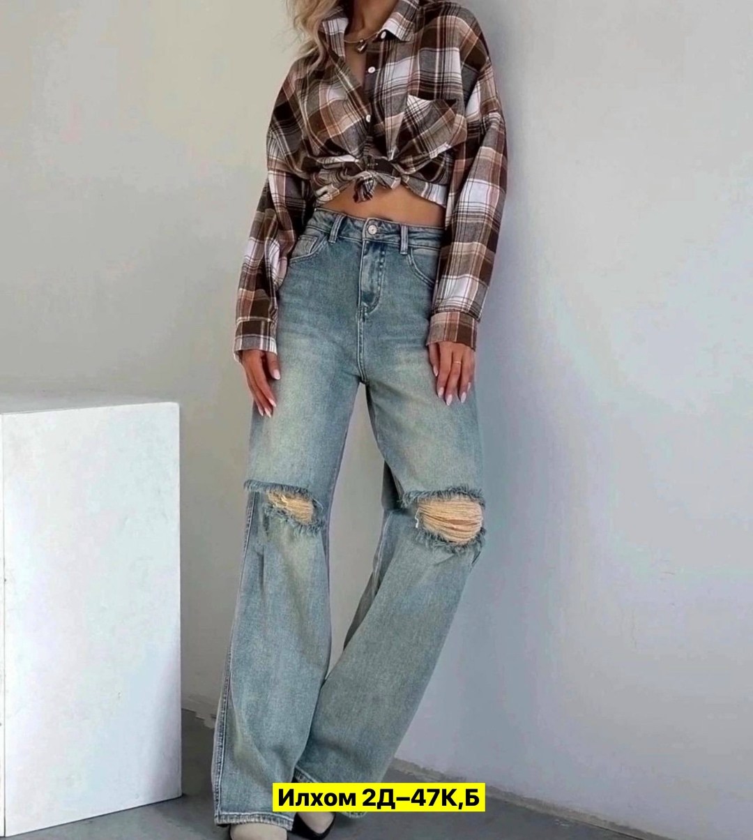 рваные джинсы трубы женские,джинсы клёш писк моды арт.3913727,джинсы трубы с модными рваными коленями и высокой,джинсы хлопок,джинсы