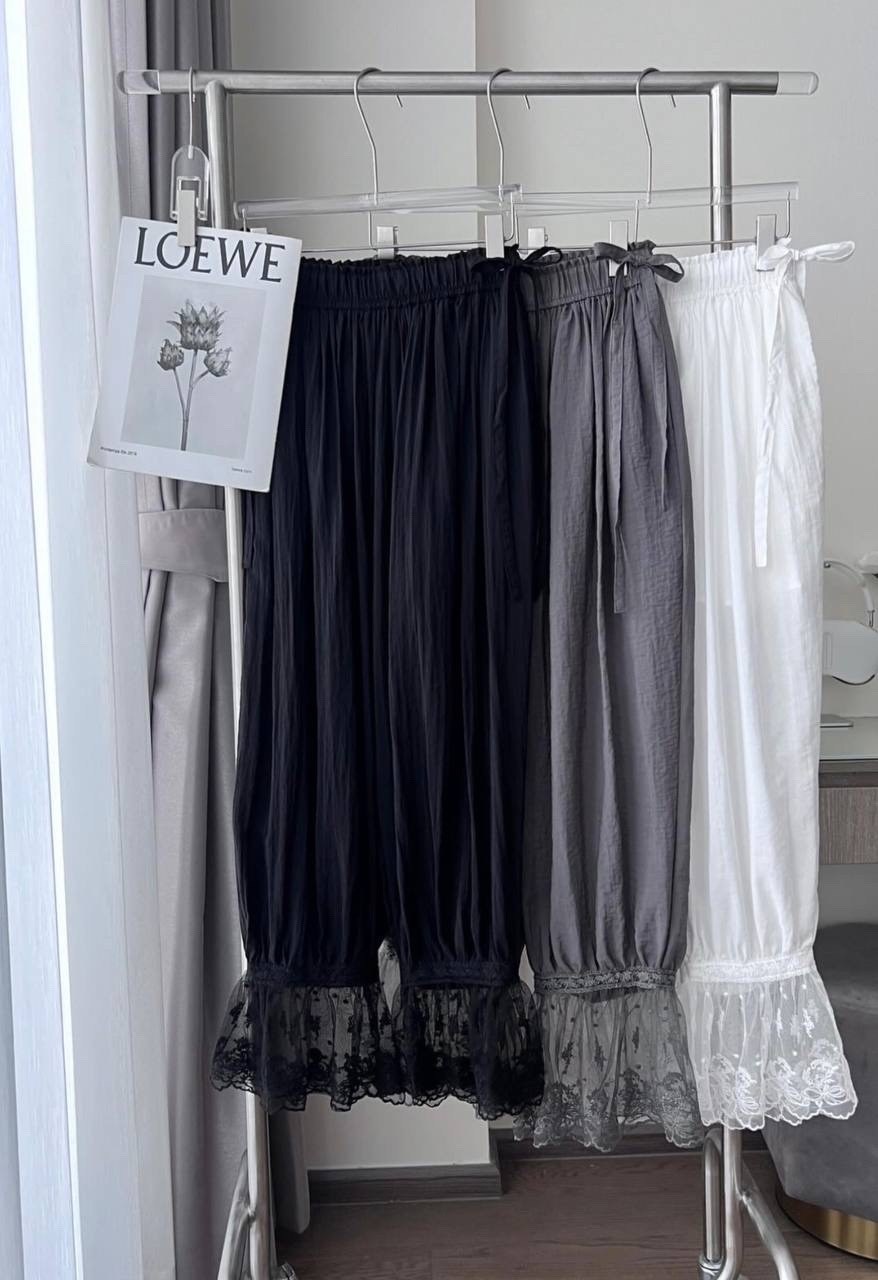 хлопковые штаны кружевные,брюки с кружевом,брюки с рюшами,кружевные брюки,кружевные белые брюки mori girl с эластичной резинкой на талии