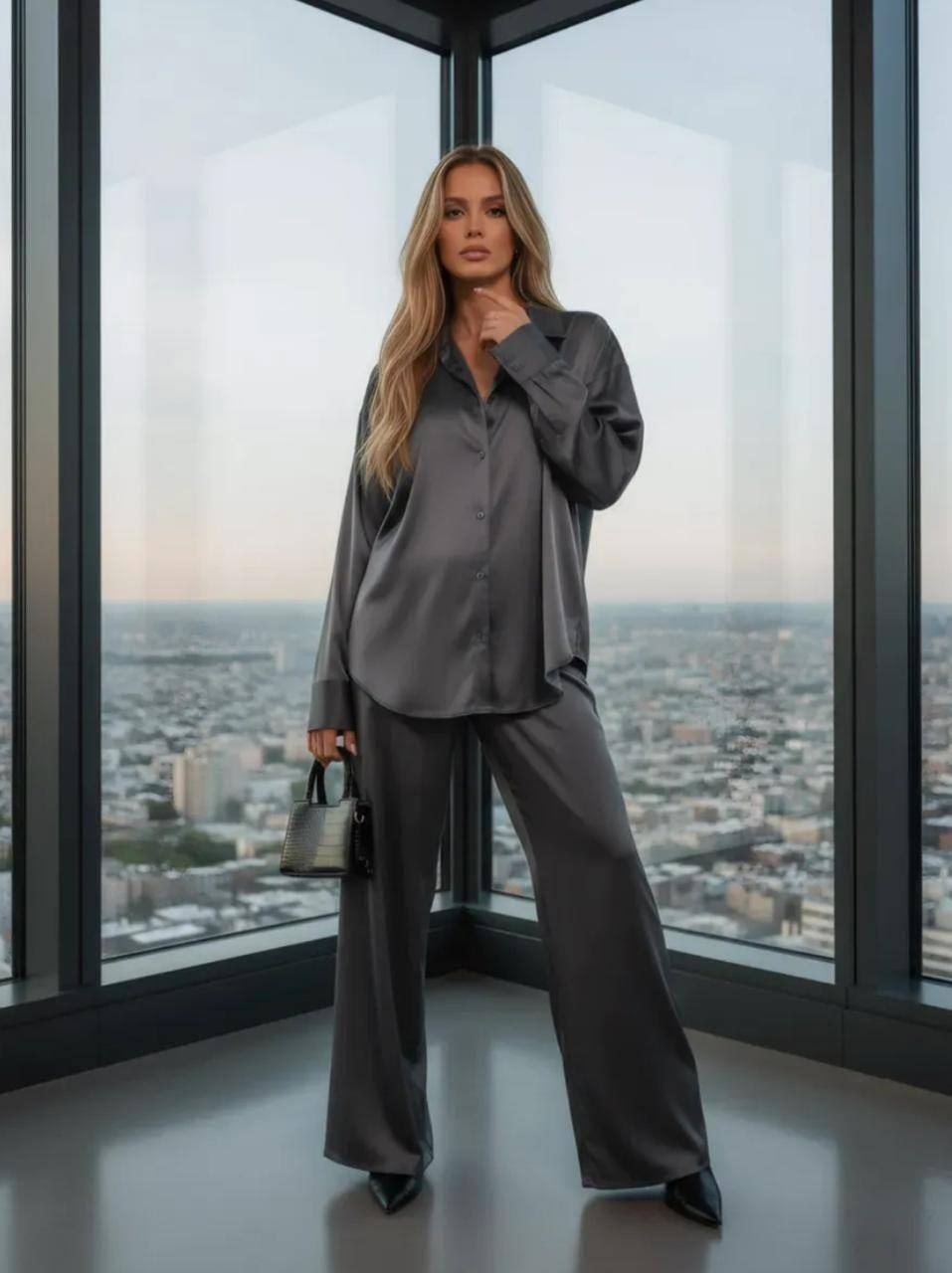брючный костюм,женский брючный костюм,hiloc 2025 элегантные шелковые пижамные комплекты,костюм женский,брючный костюм свободного кроя