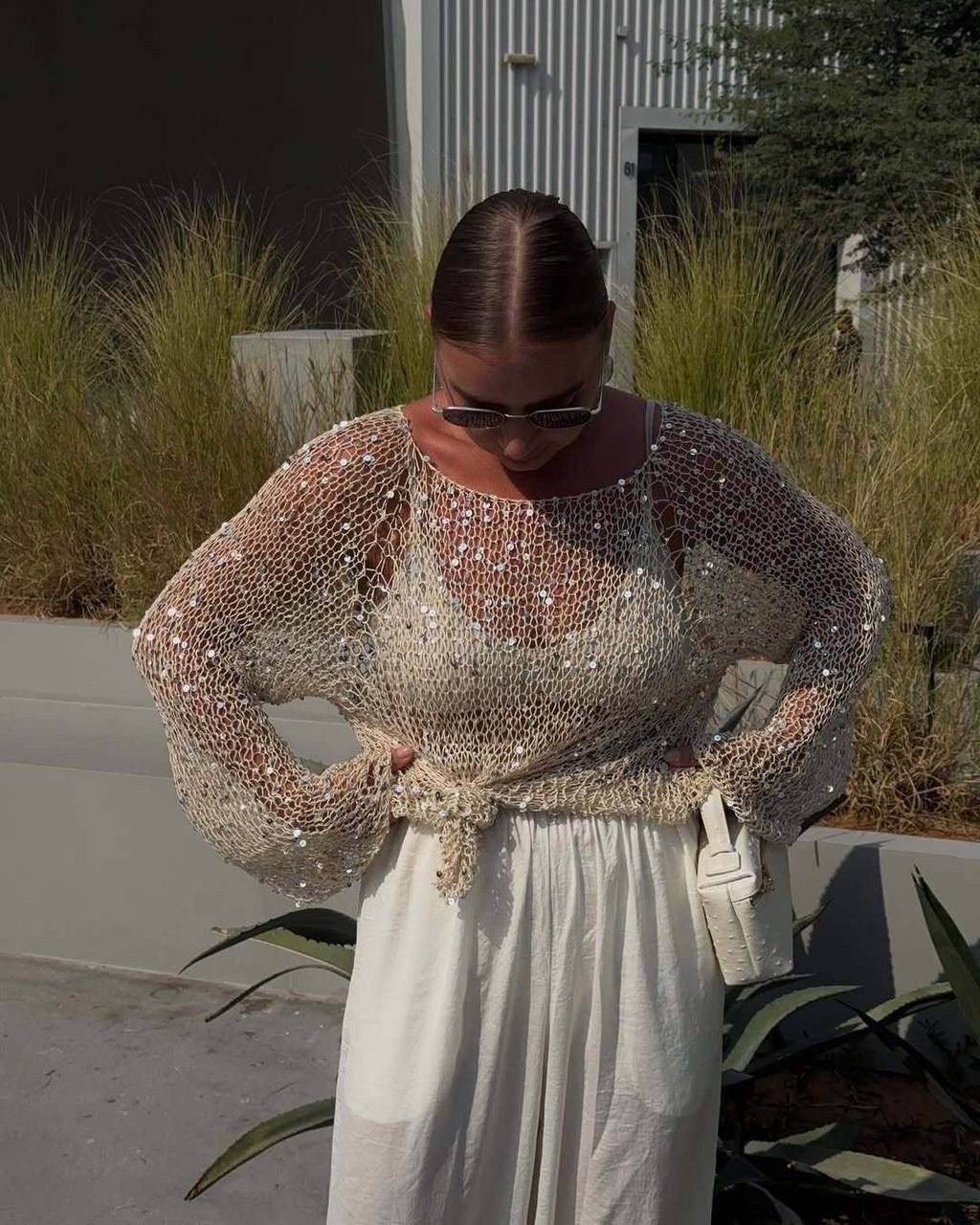 кофта сетка,свитер с пайетками,свитер с блестками,элегантный женский пуловер с блестками,свитера женские