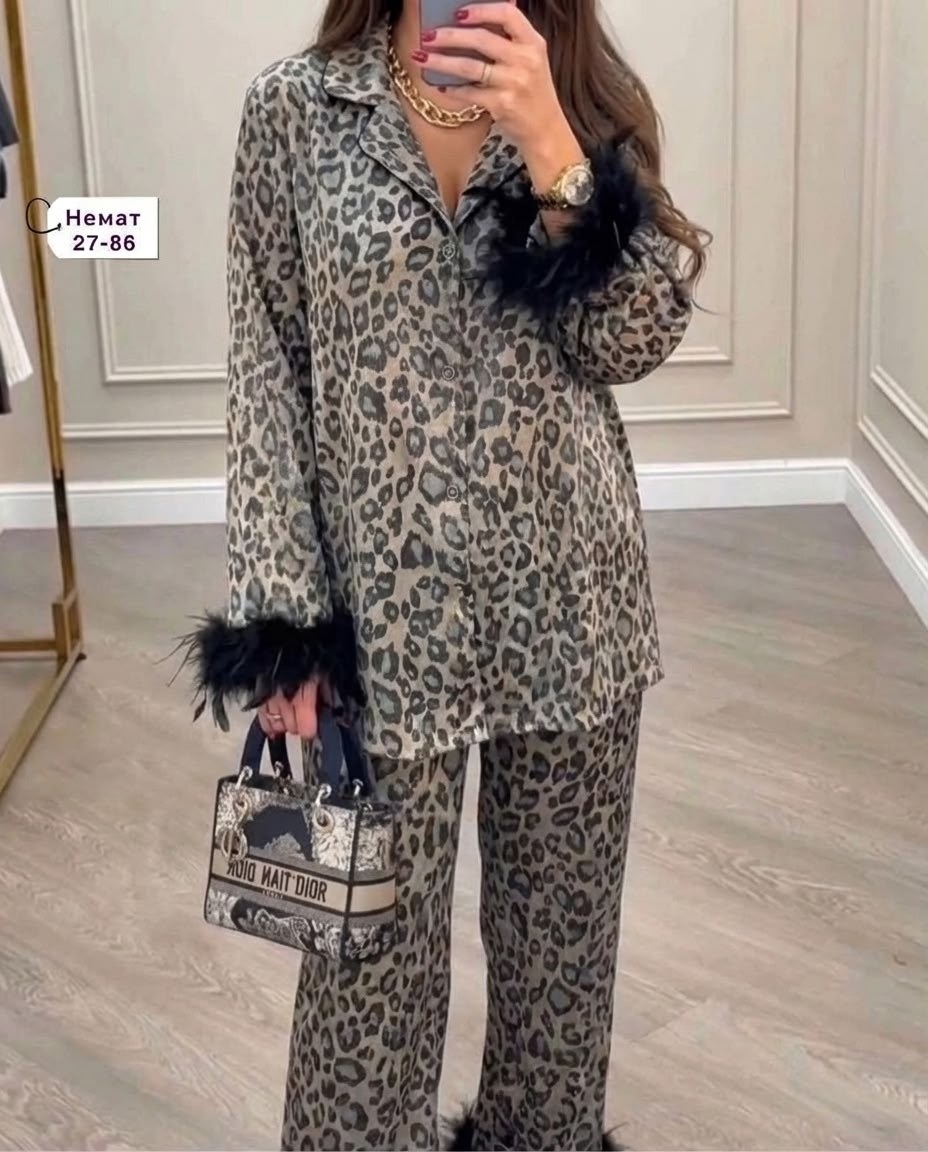 пижама с перьями,женская пижама,женский костюм,костюм брючный шелковый fiffo в пижамном стиле,пижама