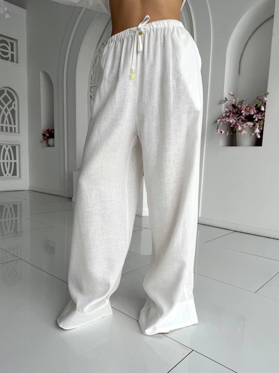 льняные брюки палаццо женские,брюки льняные белые,брюки палаццо из муслина,брюки палаццо из льна,женские льняные широкие брюки dimanaf