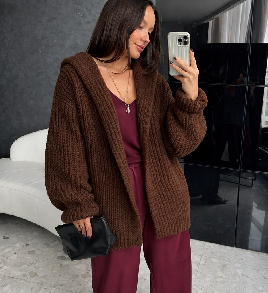 кардиган коричневый,кардиган,кардиган вязаный с капюшоном,вязаный кардиган,кардиган страдивариус