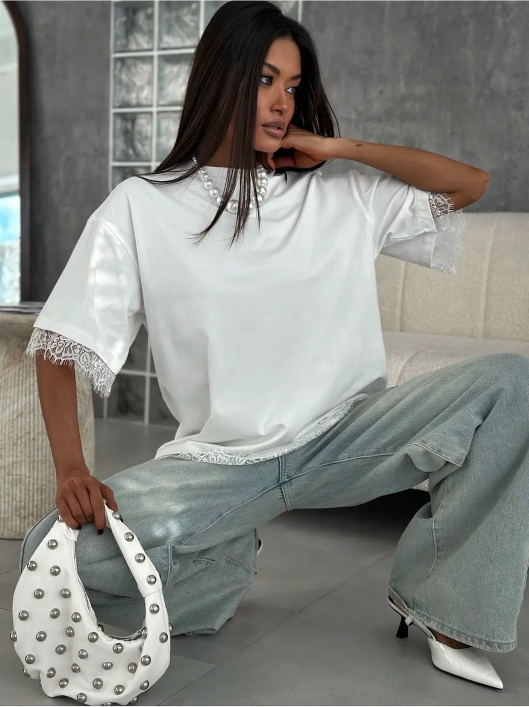 футболка женская,футболка с кружевами,белая футболка,футболка оверсайз