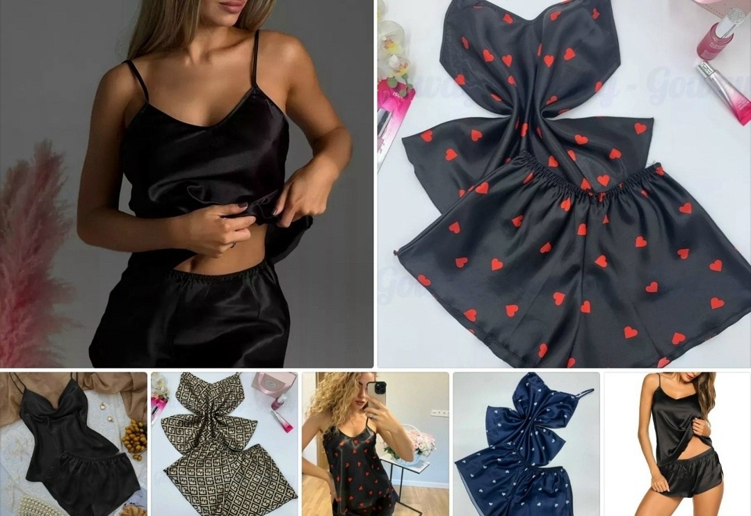 пижама шелковая женская,пижама шелковая 25549,шелковая пижама,черная шелковая пижама с шортами,женская черная шелковая пижама топ и шорты