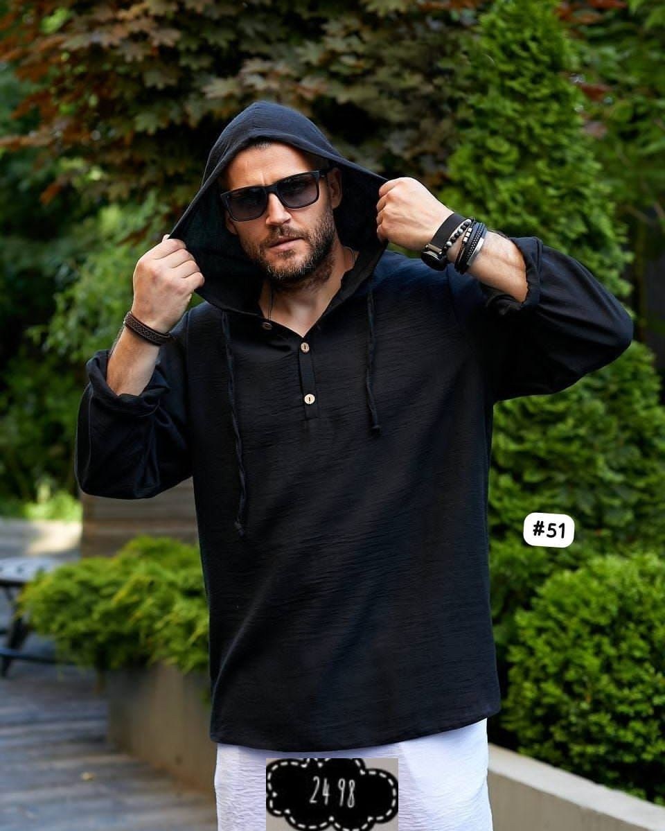 льняная рубашка с капюшоном,мужская льняная рубашка с капюшоном летняя,мужская рубашка с капюшоном,мужской льняной костюм,мужская мода