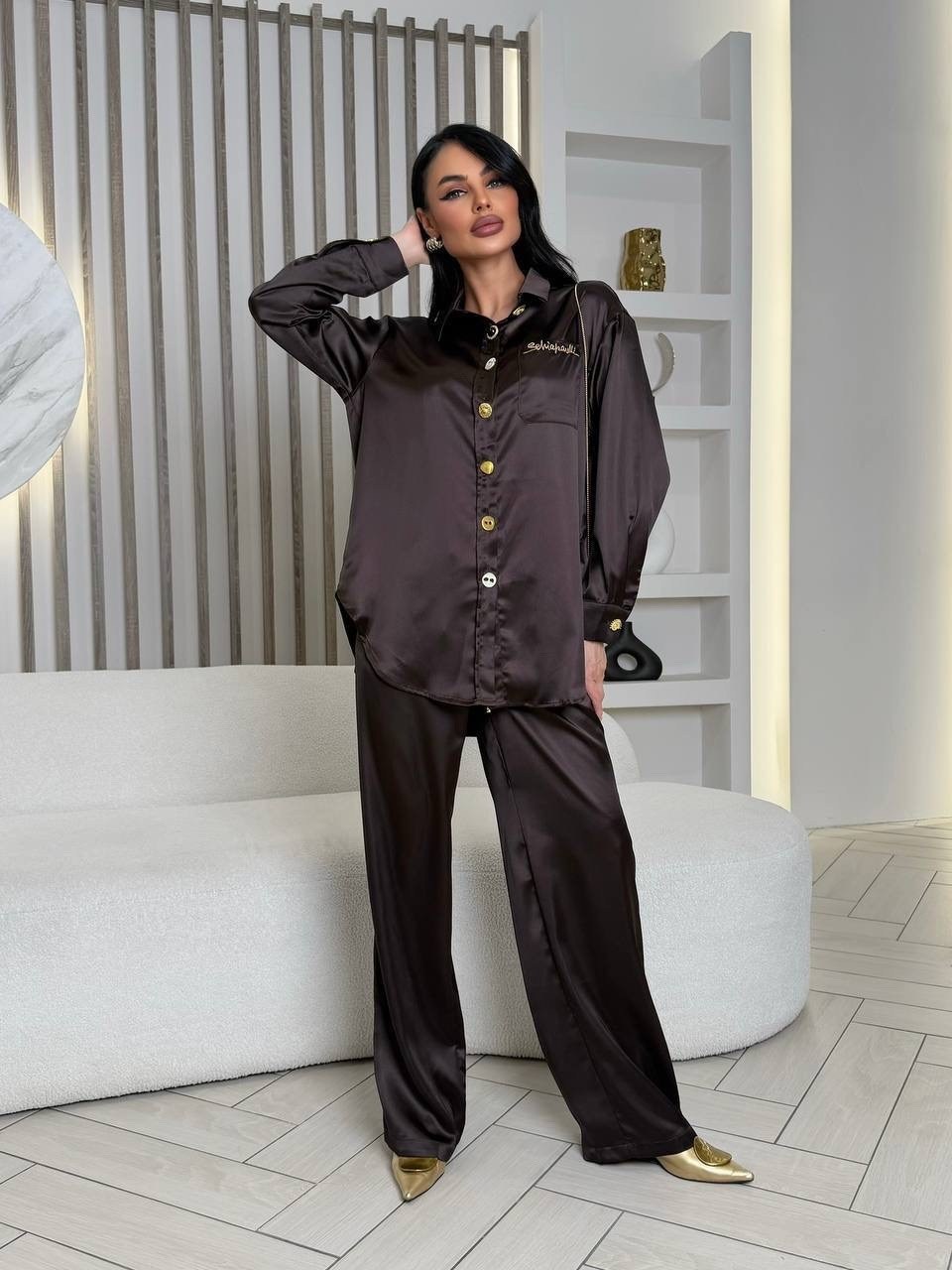костюм в пижамном стиле из премиального шелка черный,брючный костюм,костюм с брюками,шелковый костюм,шелковый брючный костюм