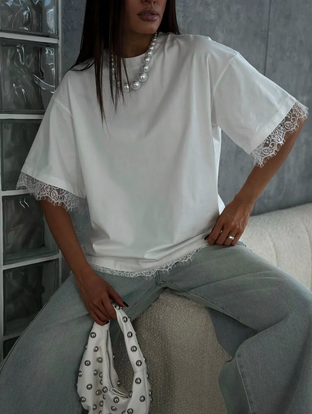 футболка женская,футболка с кружевами,белая футболка,футболка оверсайз