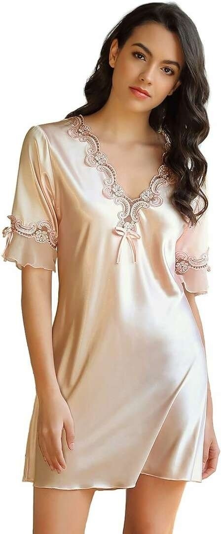 женская ночная рубашка,ночная сорочка женская,ночная рубашка,ночная рубашка с короткими рукавами,атласная ночная рубашка