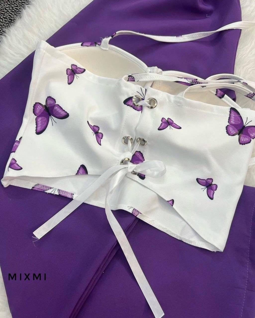 костюм топ,костюм фиолетовый,женский топ-бюстье с бабочками цвет лавандовый,сиреневый костюм