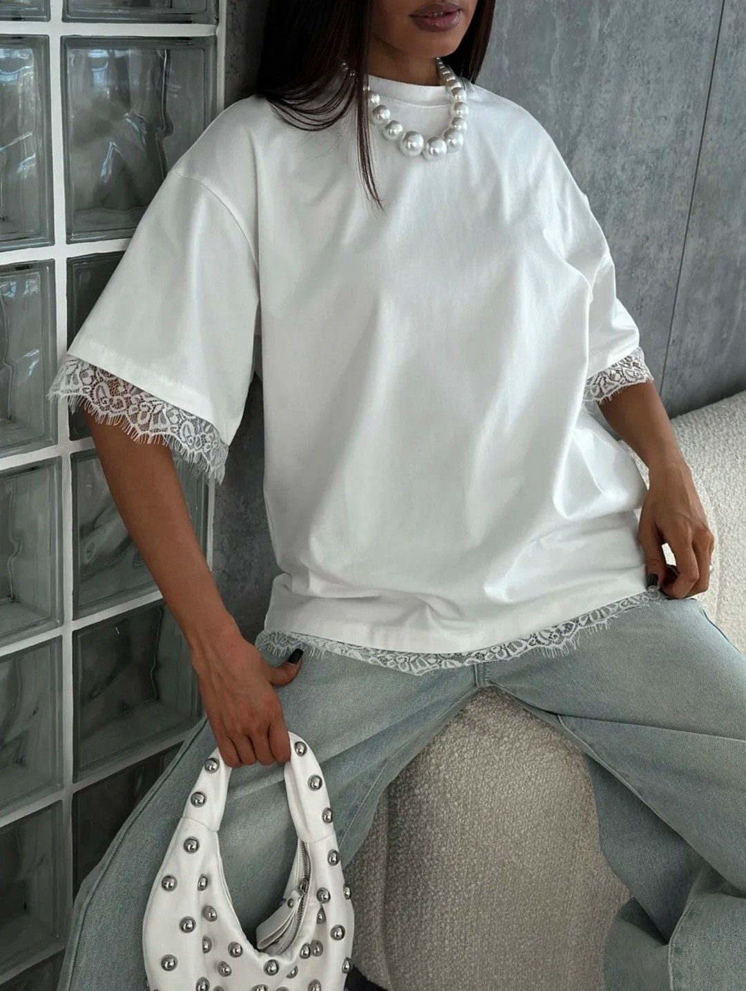 футболка женская,футболка с кружевами,белая футболка,футболка оверсайз