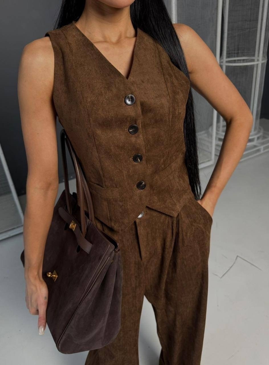 костюм женский брючный с жилеткой,брючный костюм,женский костюм с брюками вельветовый с жилеткой 399brn (коричневый),костюм брючный вельветовый,костюм классический жилет с брюками летний emberens