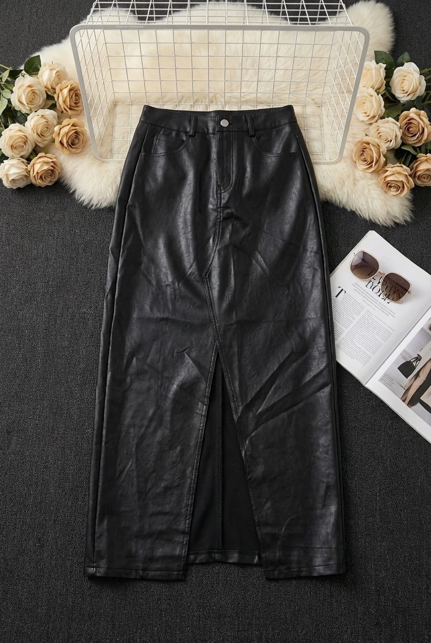юбка кожаная миди с разрезом,юбка кожаная миди разрезом прямая,юбка кожаная миди,кожаная юбка,юбка зарина из экокожи