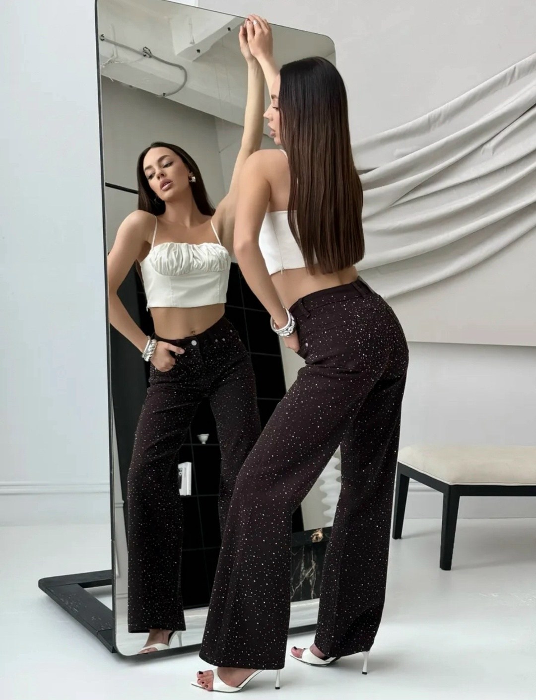 широкие брюки из велюра с пайетками черного цвета pieces,штаны со стразами,бархатные свободные прямые повседневные брюки со стразами для женщин,джинсы в стразах,брюки с поясом