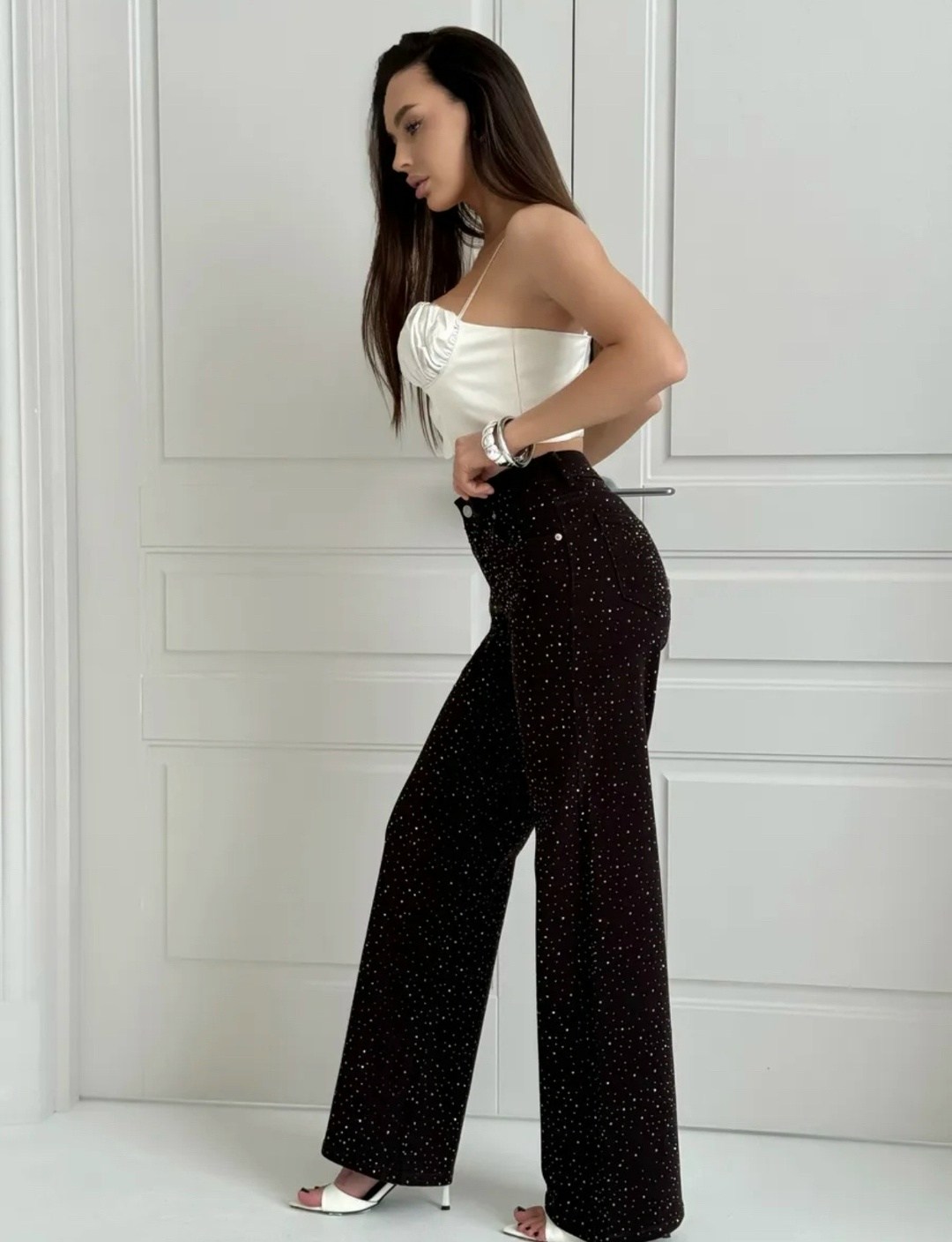 широкие брюки из велюра с пайетками черного цвета pieces,штаны со стразами,бархатные свободные прямые повседневные брюки со стразами для женщин,джинсы в стразах,брюки с поясом