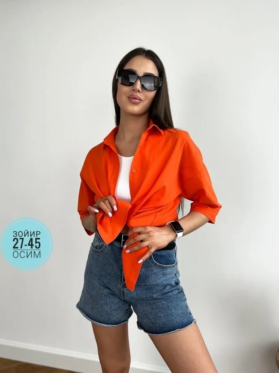 женская рубашка,рубашка оверсайз летняя хлопок,рубашка оверсайз летняя хлопок с коротким рукавом,рубашка оранжевая стандартного кроя olalook,рубашка женская оранжевая