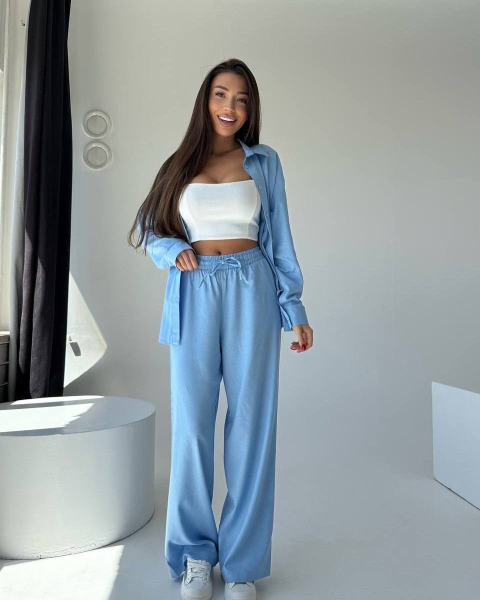 брючный костюм с топом,костюм с брюками,костюм женский однотонный,женский костюм летний,костюм с брюками палаццо женский