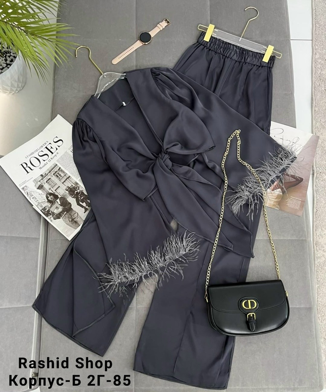 брючный костюм с перьями,шелковый брючный костюм,костюм женский,женский костюм двойка,брючный костюм женский