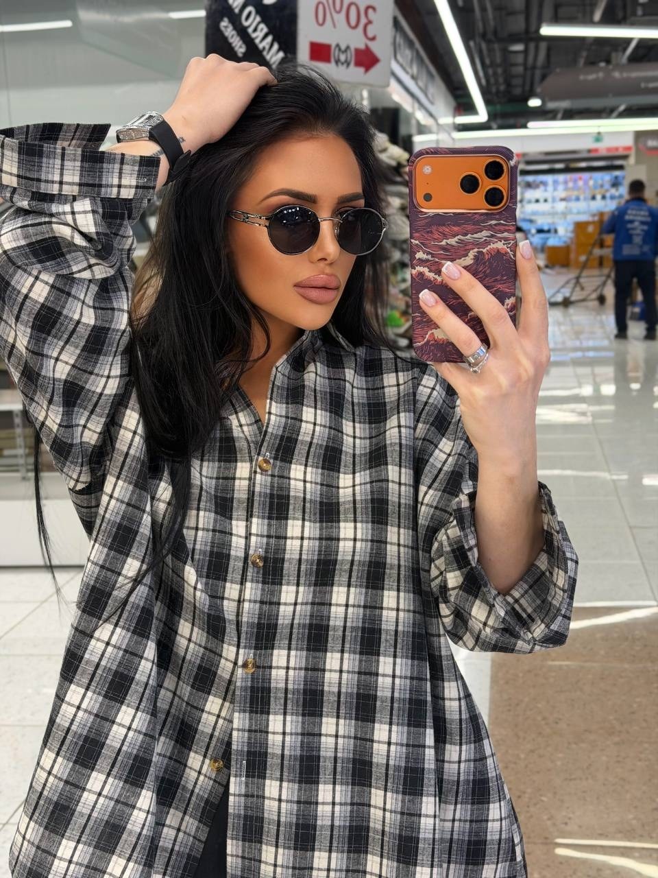 рубашка женская в клетку оверсайз,рубашка в клетку оверсайз со стразами perferita,рубашка в клетку женская,рубашка оверсайз в клетку удлиненная,рубашка со стразами оверсайз в клетку