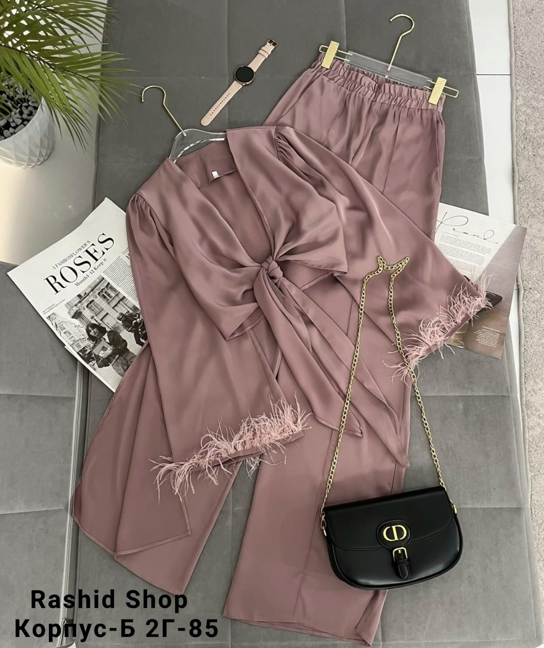 брючный костюм с перьями,шелковый брючный костюм,костюм женский,женский костюм двойка,брючный костюм женский