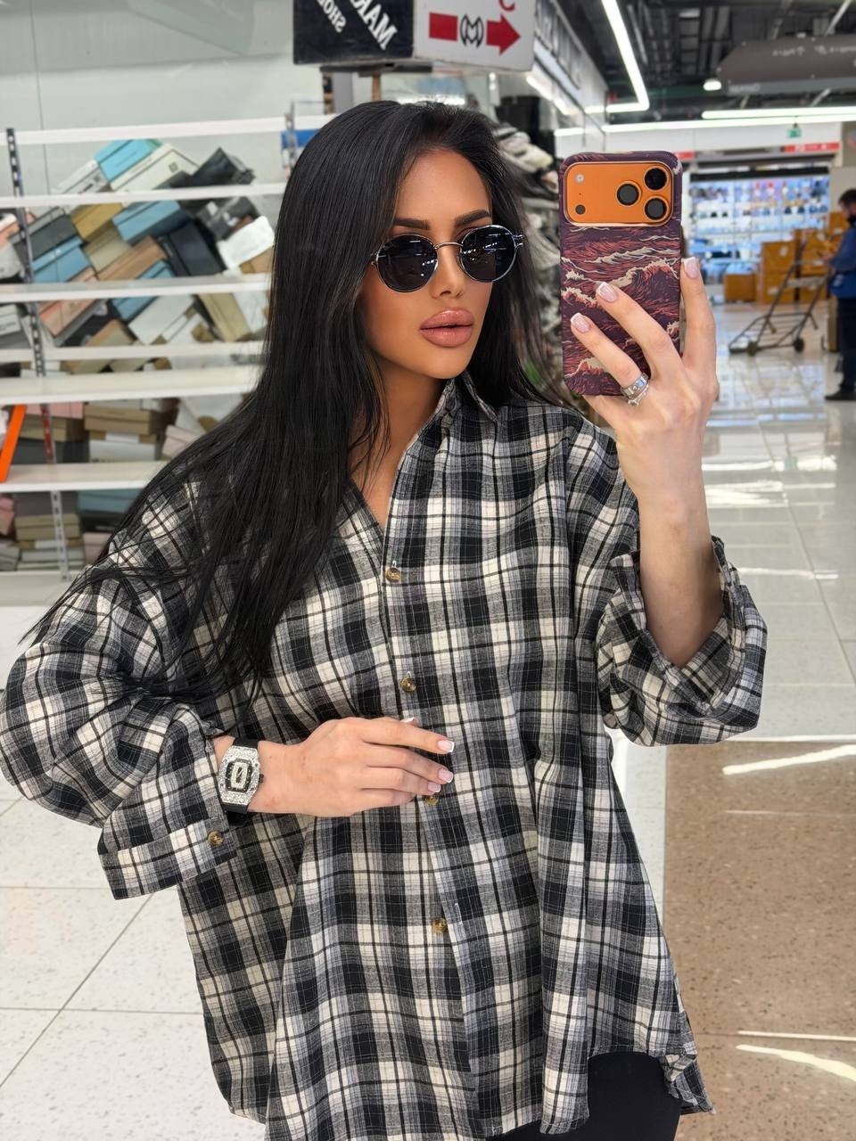 рубашка женская в клетку оверсайз,рубашка в клетку оверсайз со стразами perferita,рубашка в клетку женская,рубашка оверсайз в клетку удлиненная,рубашка со стразами оверсайз в клетку