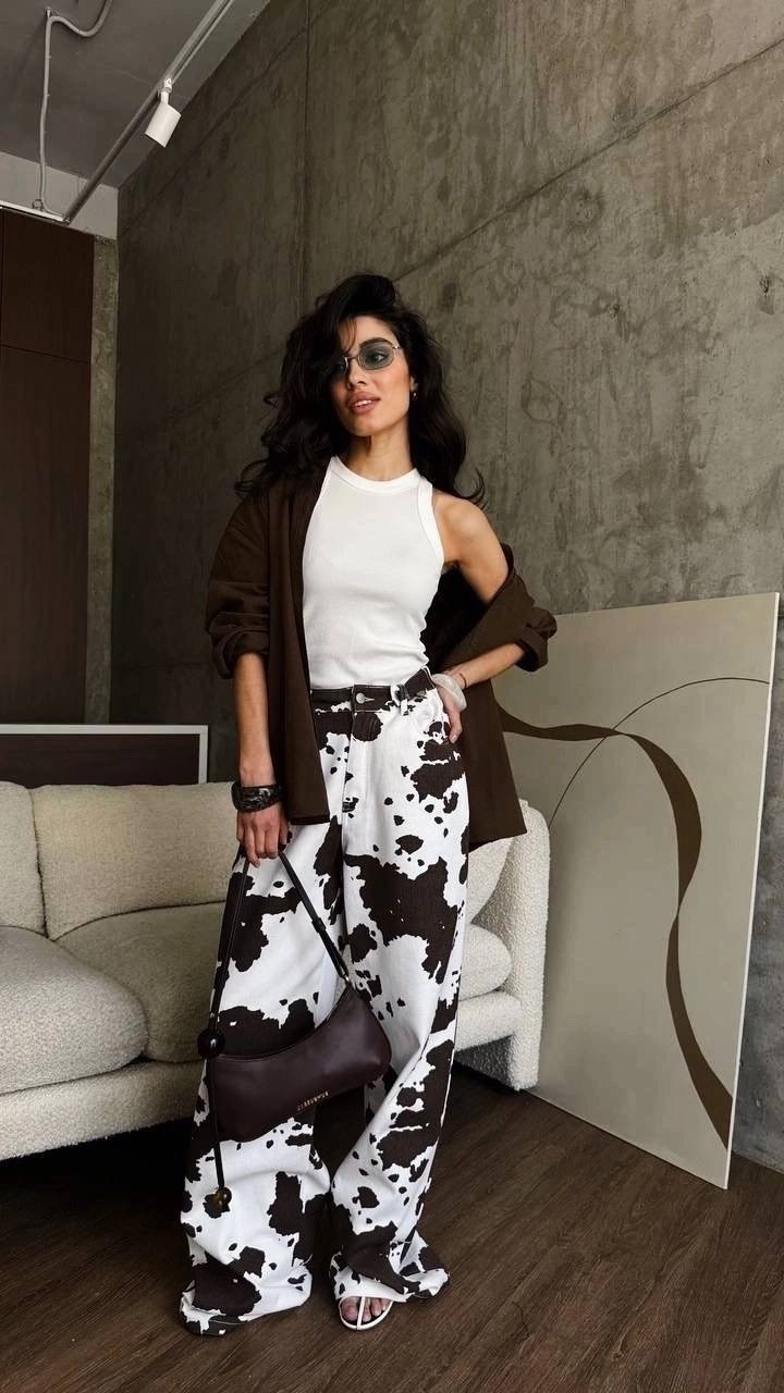 штаны с коровьим принтом,джинсы с принтом,модные брюки,модная ,джинсы с трендовым принтом