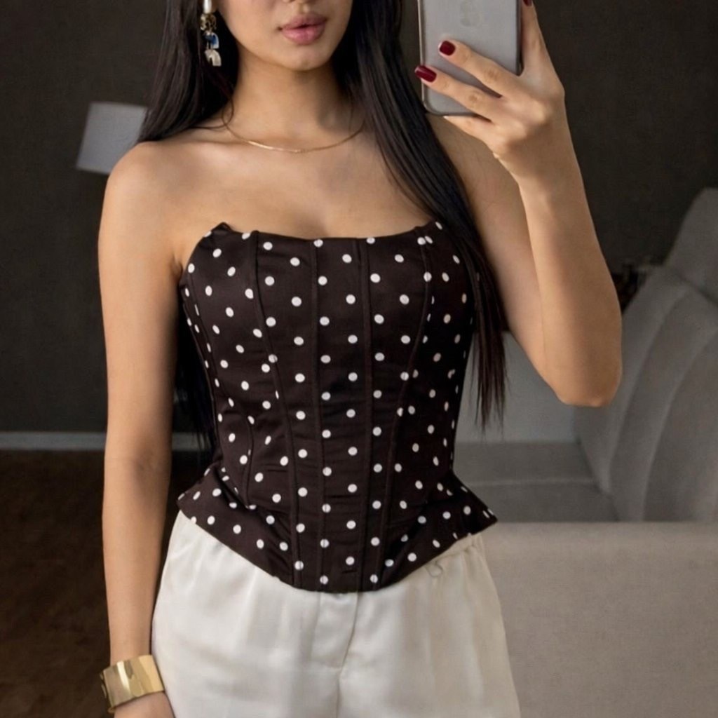 женские топы,модные топы,женский кроп топ,топ корсет,топ-корсет в горох черный dolce&gabbana