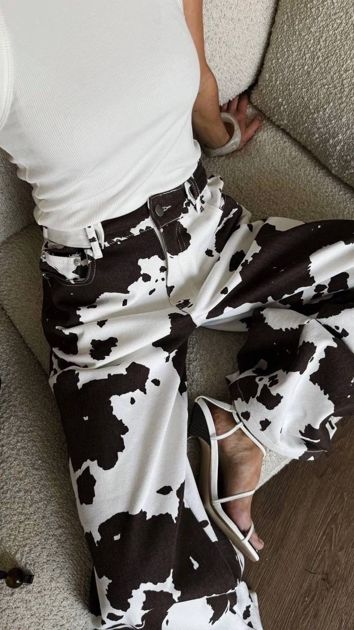 штаны с коровьим принтом,джинсы с принтом,модные брюки,модная ,джинсы с трендовым принтом