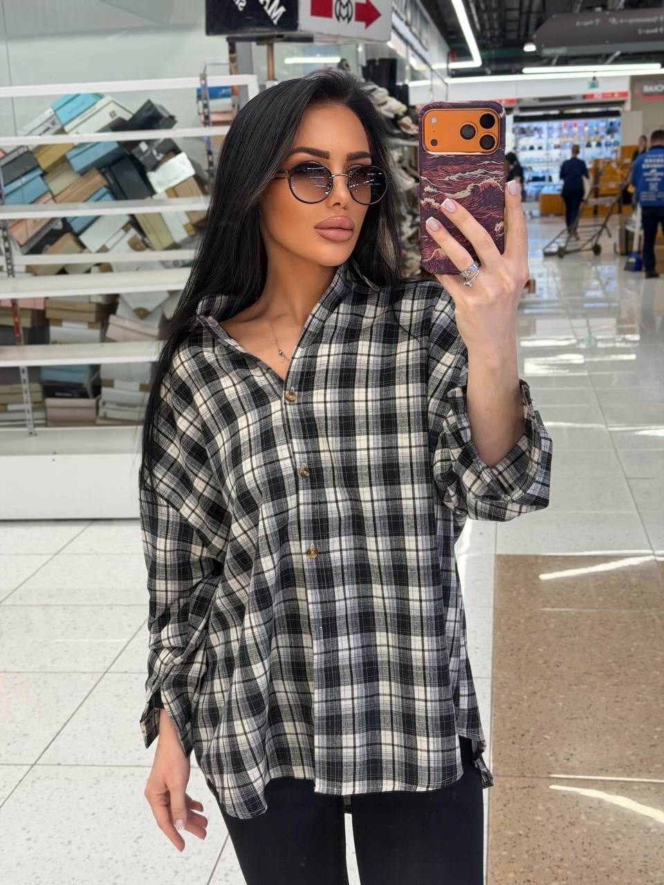 рубашка женская в клетку оверсайз,рубашка в клетку оверсайз со стразами perferita,рубашка в клетку женская,рубашка оверсайз в клетку удлиненная,рубашка со стразами оверсайз в клетку