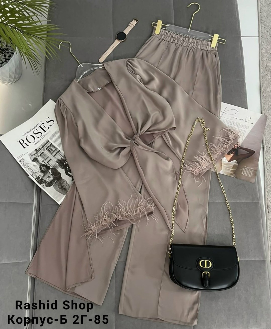 брючный костюм с перьями,шелковый брючный костюм,костюм женский,женский костюм двойка,брючный костюм женский