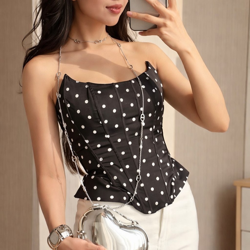 женские топы,модные топы,женский кроп топ,топ корсет,топ-корсет в горох черный dolce&gabbana