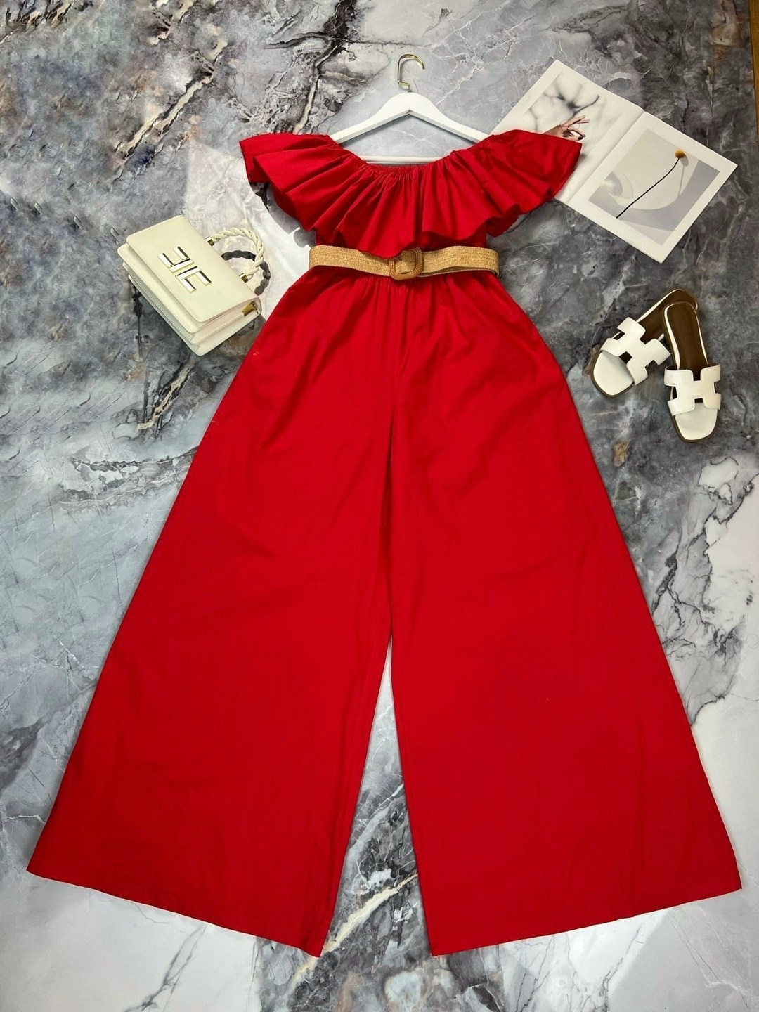 брючный комбинезон,женский комбинезон,красный комбинезон,комбинезон с оборками,комбинезон