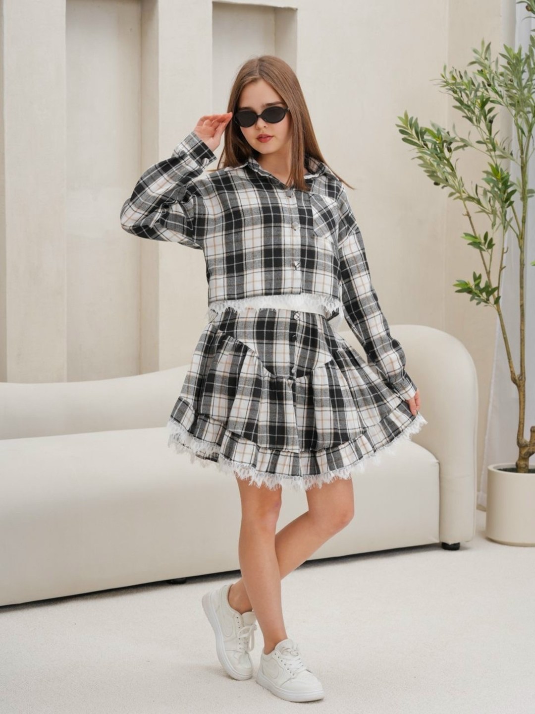 костюм в клетку,стильные костюмы,костюм юбка с рубашкой в клетку,костюм с юбкой,платье в клетку