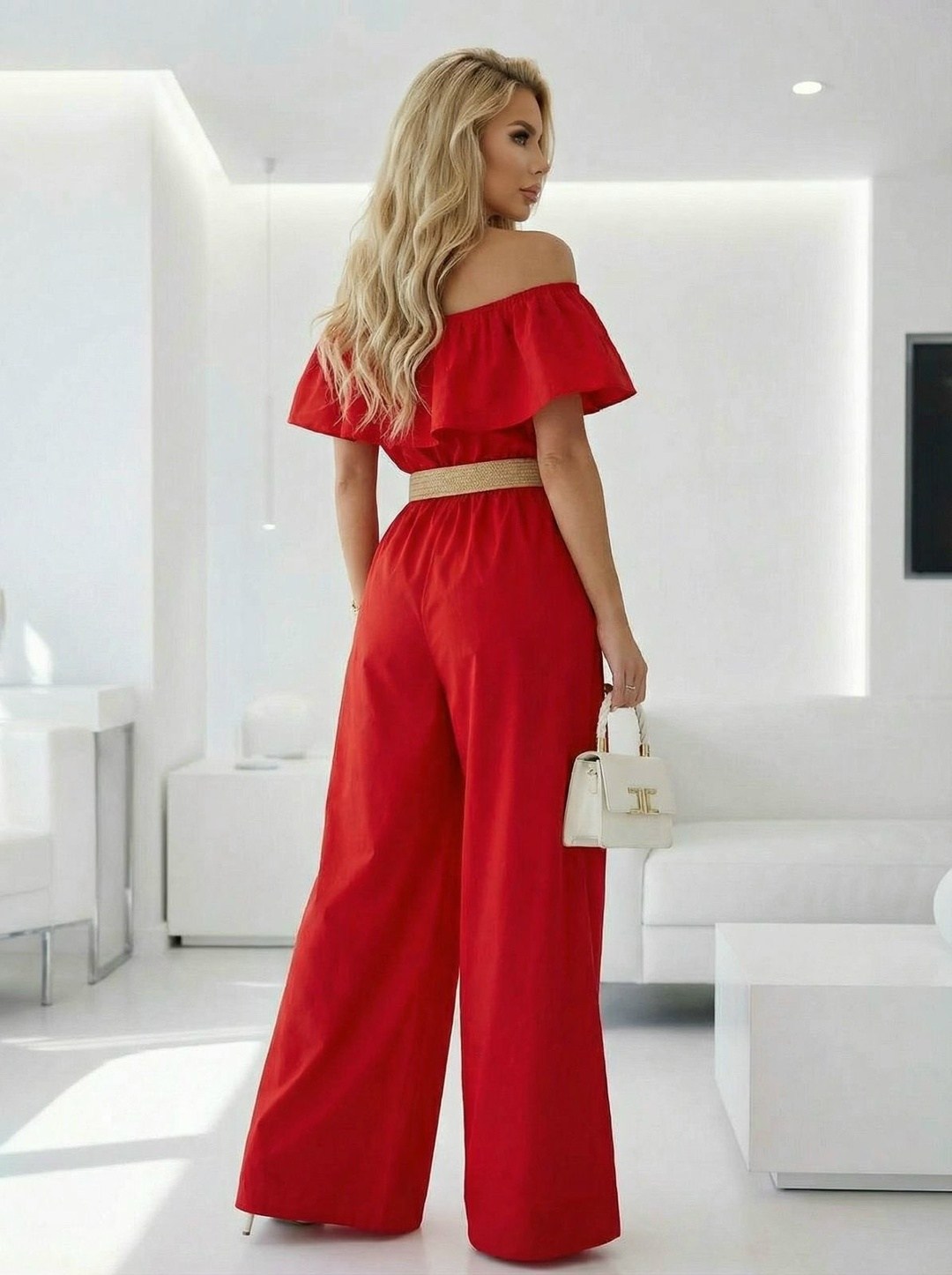 брючный комбинезон,женский комбинезон,красный комбинезон,комбинезон с оборками,комбинезон