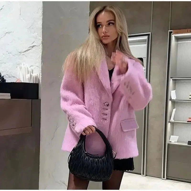 розовое пальто,пальто модное,стильное пальто,плюшевое пальто,женское шерстяное пальто