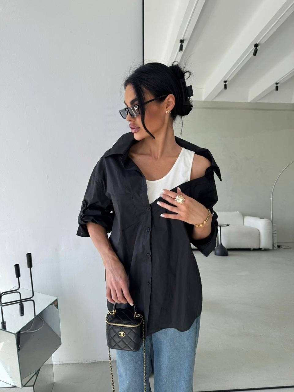 стильная рубашка оверсайз,рубашка стильная,рубашка черная оверсайз,рубашка женская