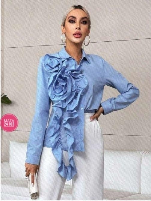 блузка с оборками,голубая блузка,блузка с рюшами,рубашка с рюшами