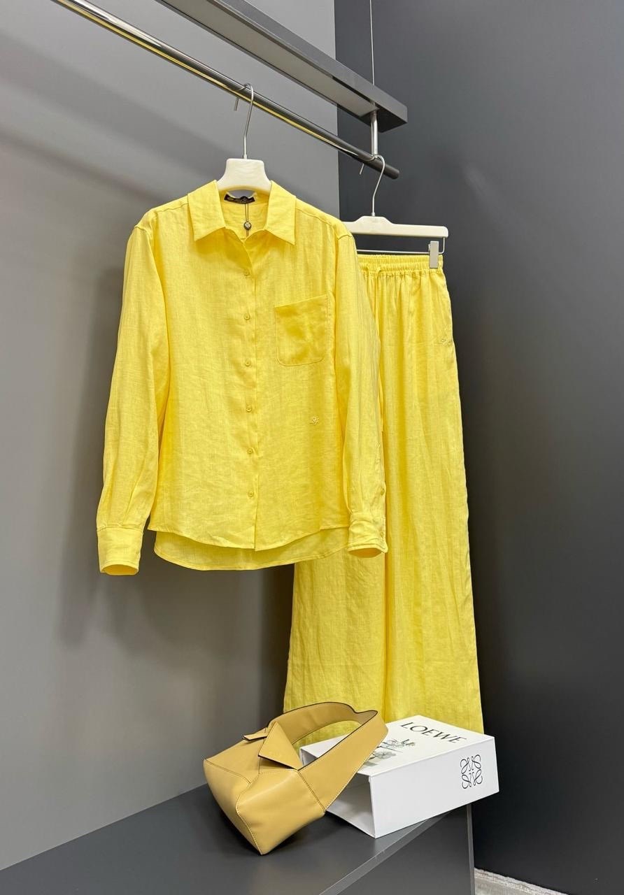 идеальный костюм изо льна: рубашка + брюки, lemon - l-xl,брючный костюм,костюм желтый,костюм льняной,брючный костюм из льна