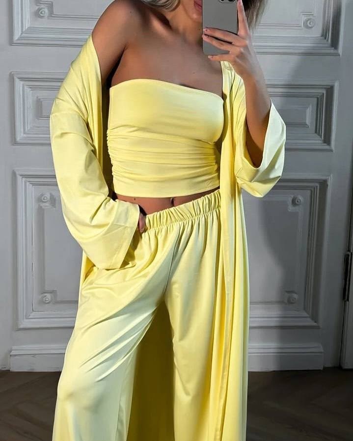 костюм тройка женский,костюм с брюками палаццо,костюм с абаей,костюм летний с брюками палаццо и кимоно и топом,костюм женский