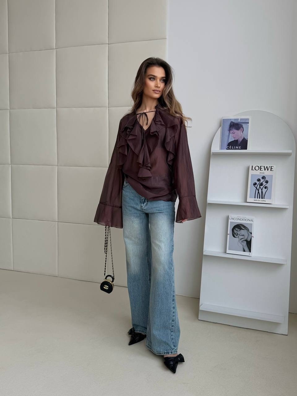 блузка шифоновая на завязках с воланами цвет: коричневый,блуза из шифона,блузка из шифона,блузка шифоновая на завязках с воланами,шифоновая блузка