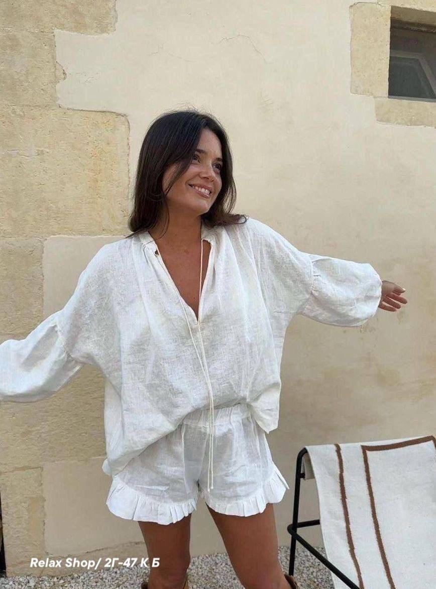 летний костюм из льна,льняной костюм,летние костюмы женские,блузка с завязками,льняной костюм с шортами