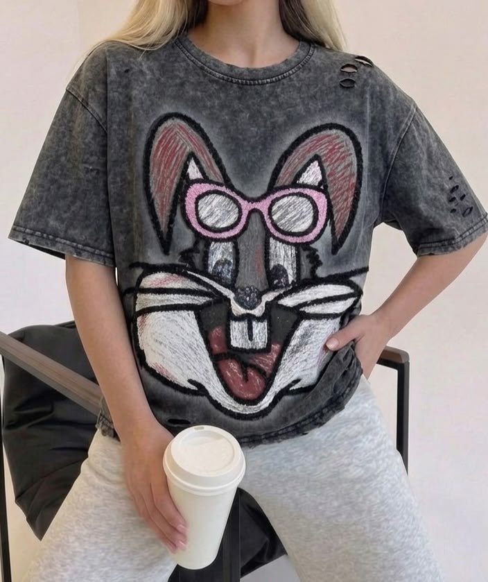 футболка варенка оверсайз с принтом bugs bunny,футболка варенка с принтом оверсайз,женская футболка,футболка варенка с принтом оверсайз удлиненная,женская футболка оверсайз