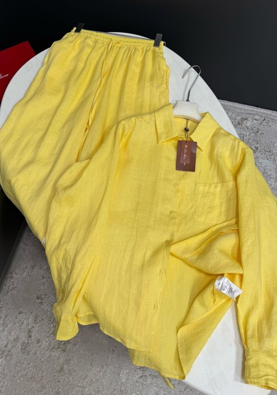 идеальный костюм изо льна: рубашка + брюки, lemon - l-xl,брючный костюм,костюм желтый,костюм льняной,брючный костюм из льна