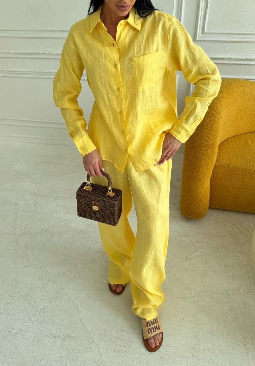 идеальный костюм изо льна: рубашка + брюки, lemon - l-xl,брючный костюм,костюм желтый,костюм льняной,брючный костюм из льна