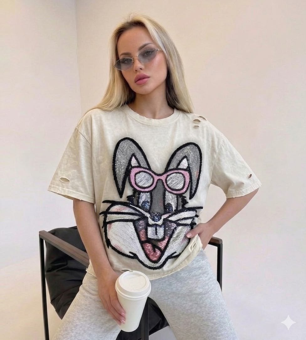 футболка варенка оверсайз с принтом bugs bunny,футболка варенка с принтом оверсайз,женская футболка,футболка варенка с принтом оверсайз удлиненная,женская футболка оверсайз