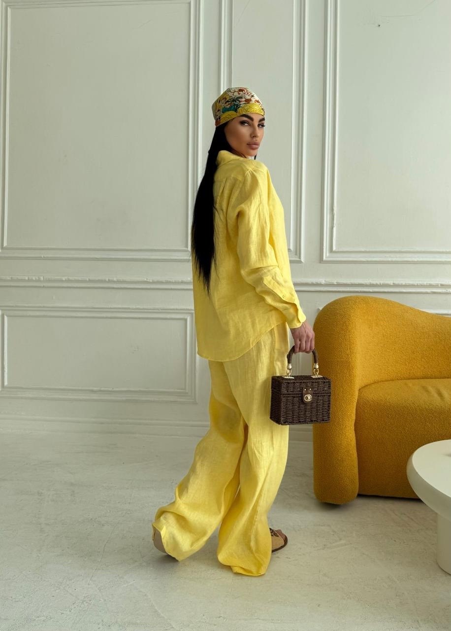 идеальный костюм изо льна: рубашка + брюки, lemon - l-xl,брючный костюм,костюм желтый,костюм льняной,брючный костюм из льна